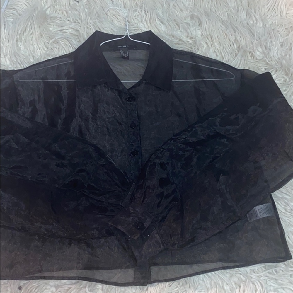 Black sheer cropped button down shirt